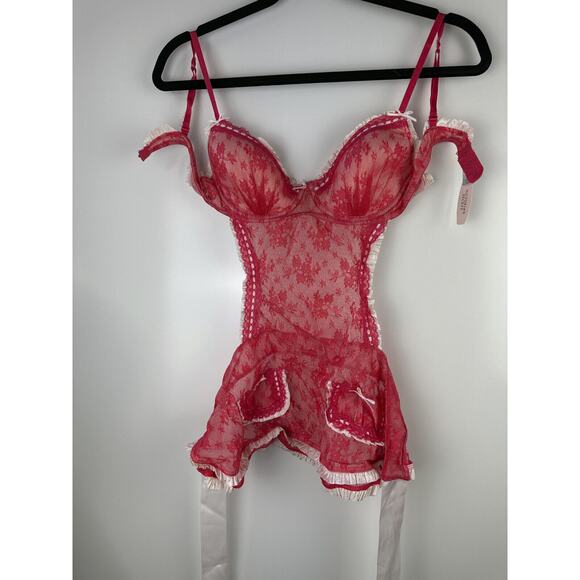 NWT Victoria’s Secret Maid Lingerie Teddy Red Mesh Lace Babydoll 34C Valentine - Picture 4 of 16